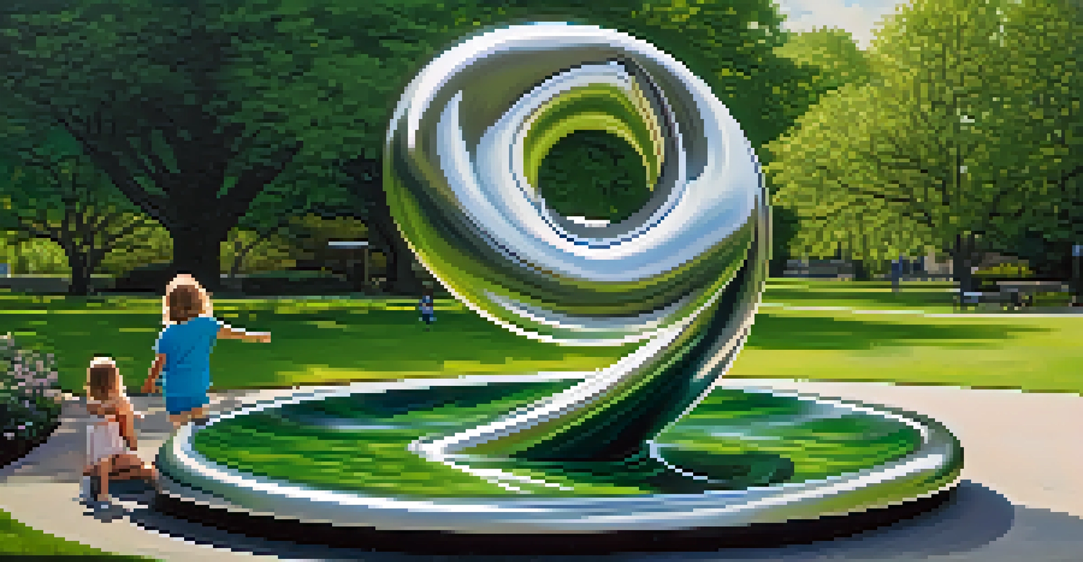 A metallic sculpture resembling a tornado, situated in a park with greenery, while children play around it.