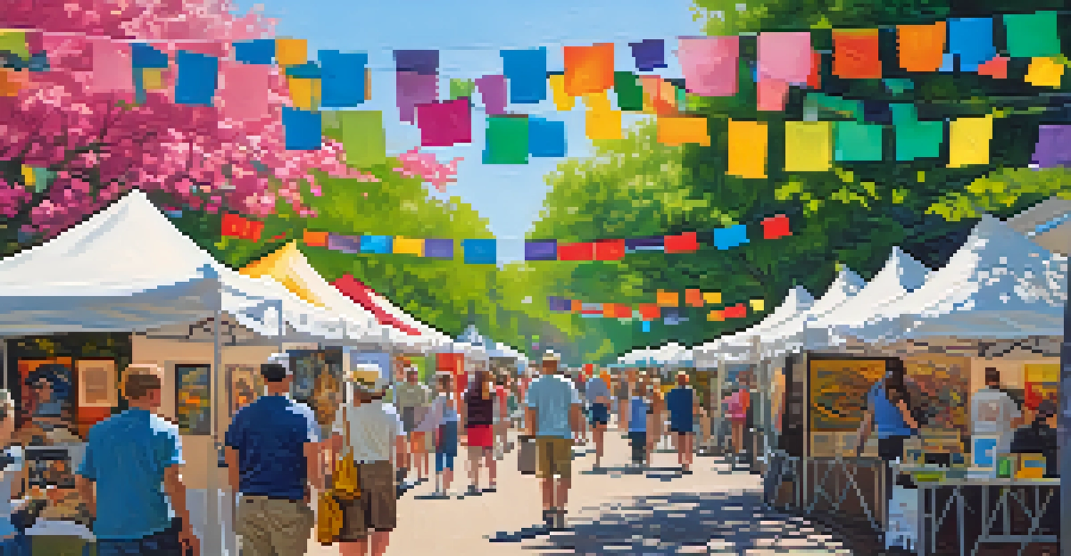 An art festival in Raleigh showcasing booths with colorful artworks, artists interacting with visitors, and a lively park setting.