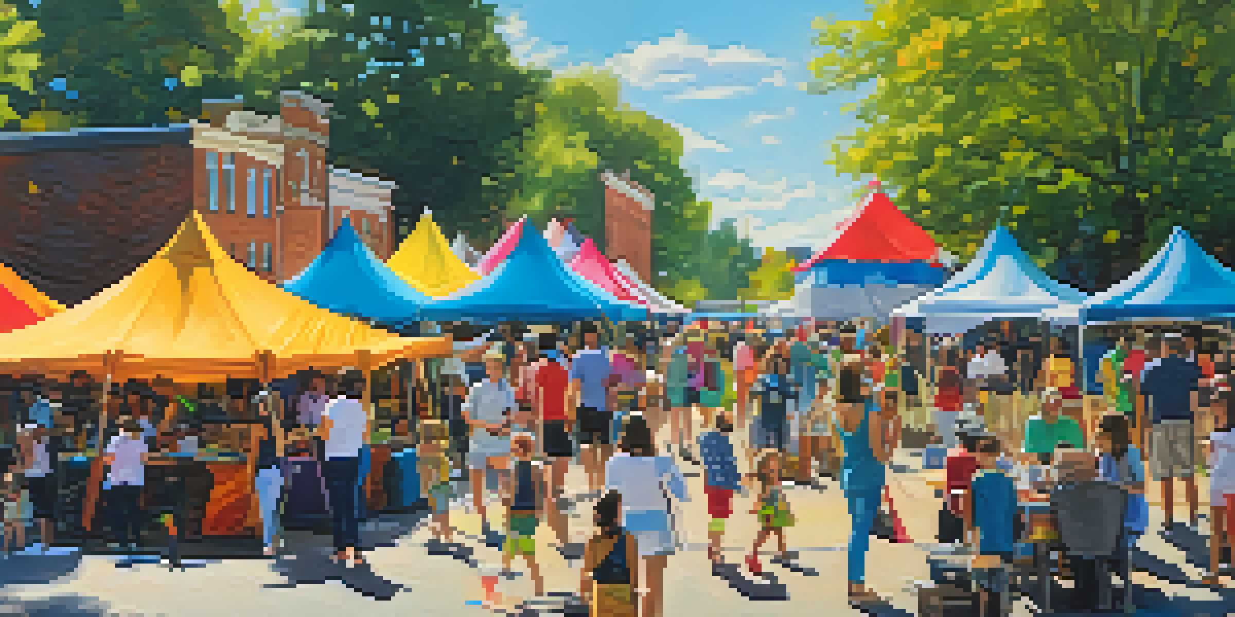 A lively outdoor arts festival featuring families participating in art activities, local artists, and food trucks under a clear blue sky.