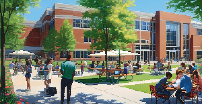A lively scene at a community college in Raleigh, featuring students of different backgrounds working together outdoors on a sunny day.