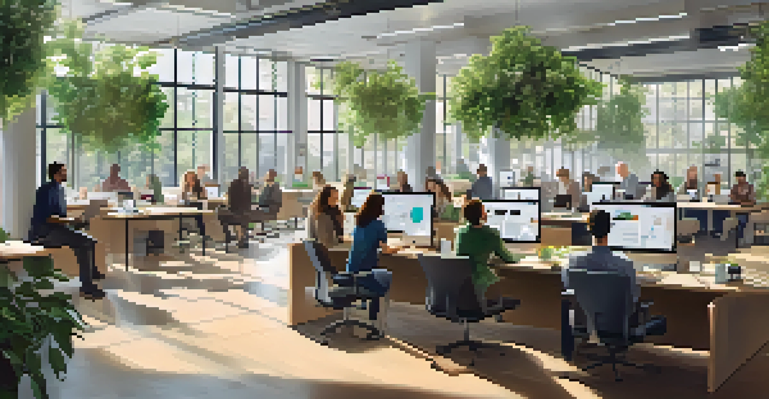 A collaborative workspace with professionals brainstorming and discussing in a bright, modern environment.
