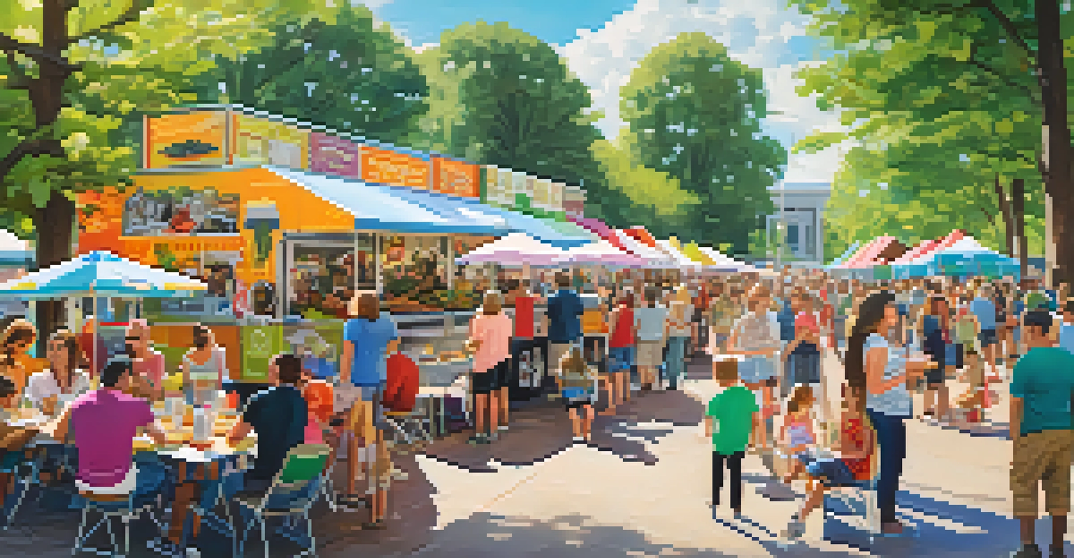 A food festival in Raleigh with colorful food trucks and families enjoying various cuisines outdoors.