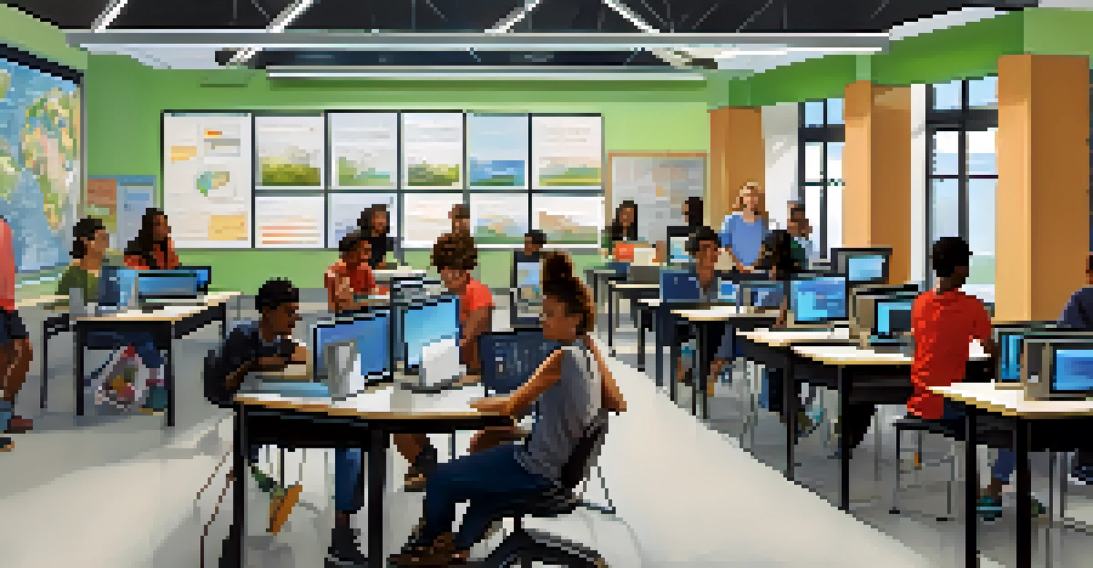A diverse group of students in a modern classroom focused on coding and technology education.