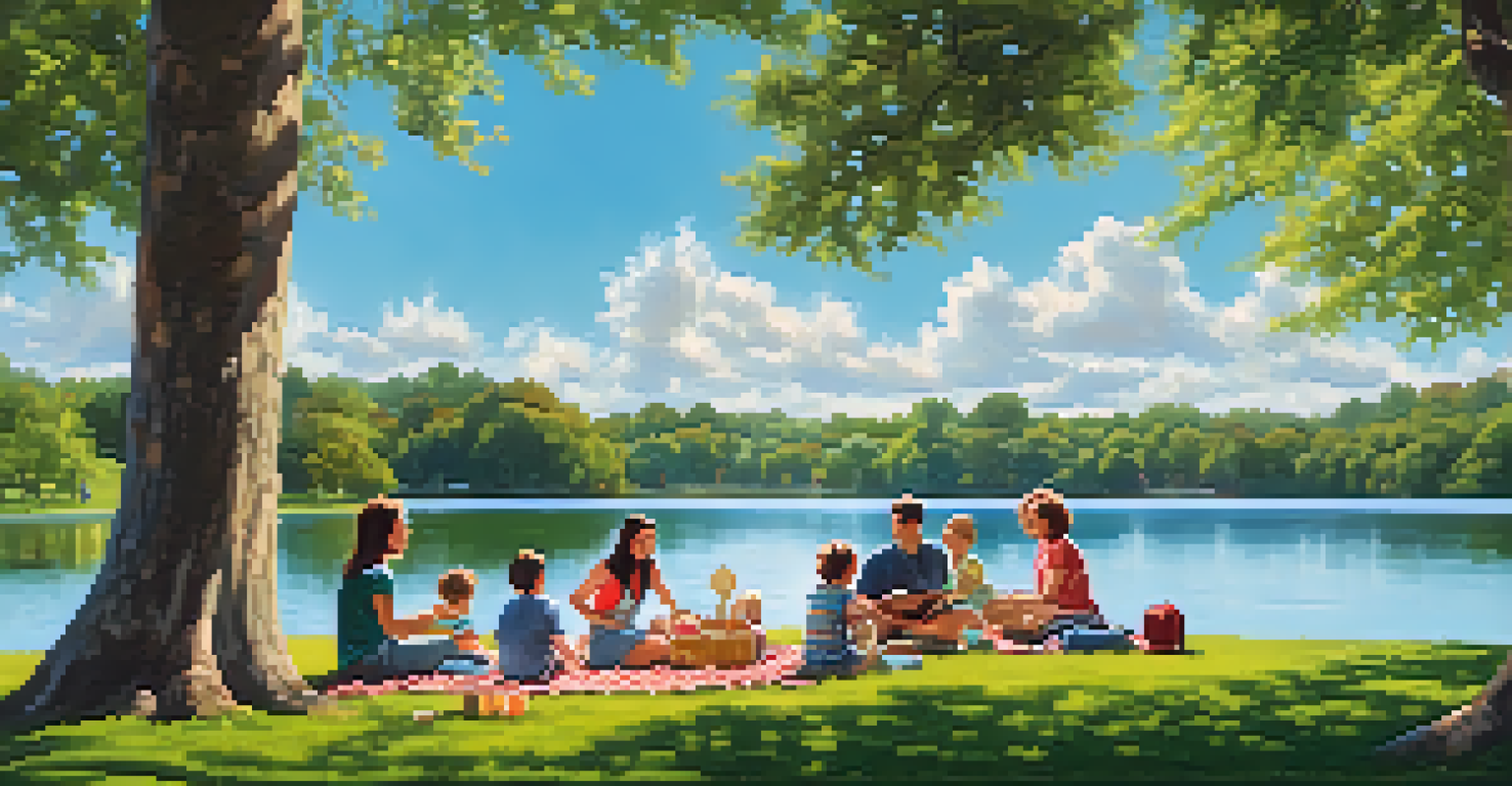 A family having a picnic at Lake Johnson Park, with children playing frisbee and parents setting up a picnic blanket under a tree.