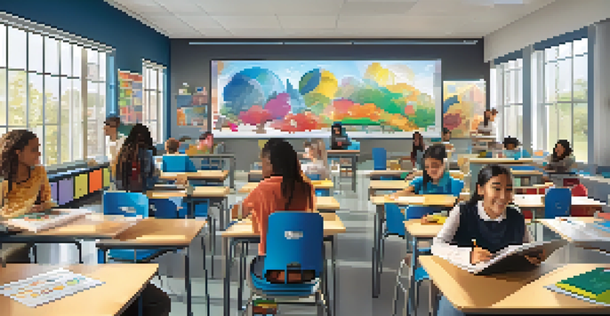 A colorful classroom with diverse students working together on projects, using technology and surrounded by educational materials.