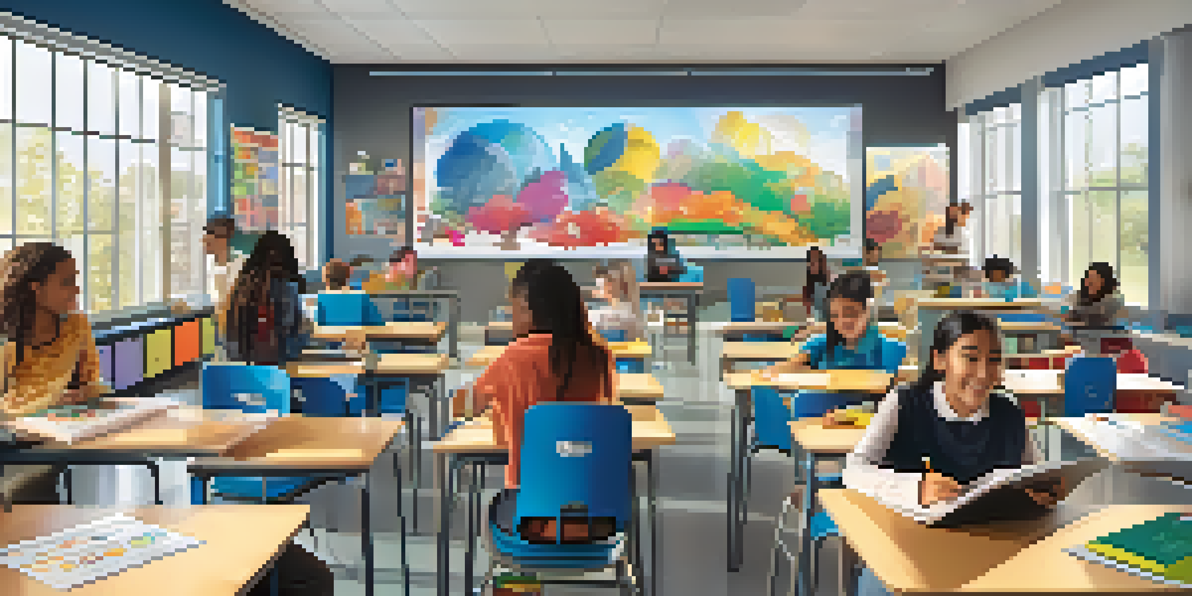 A colorful classroom with diverse students working together on projects, using technology and surrounded by educational materials.