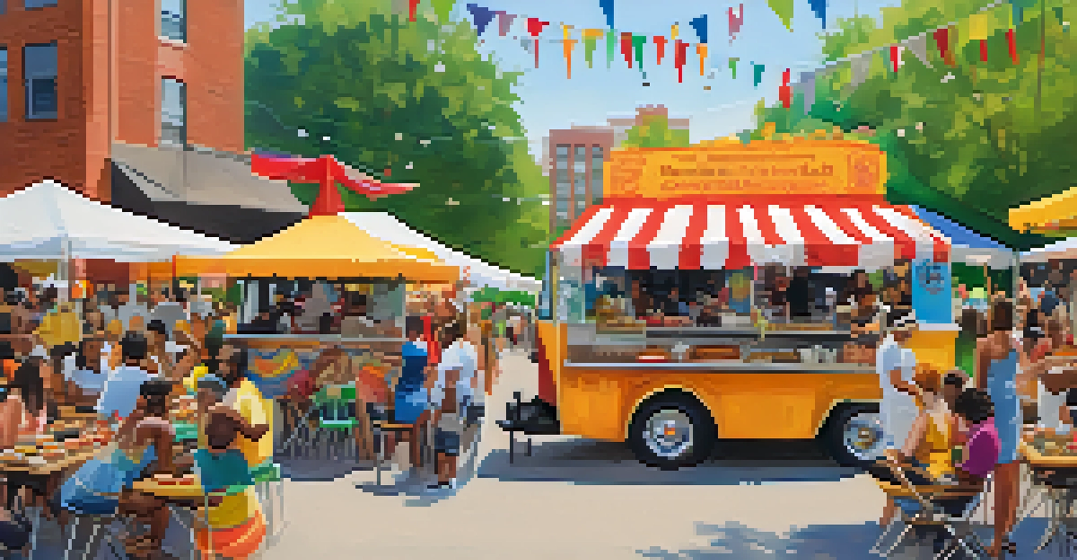 A lively outdoor food festival with colorful food trucks serving various international dishes and people enjoying their meals at communal tables.
