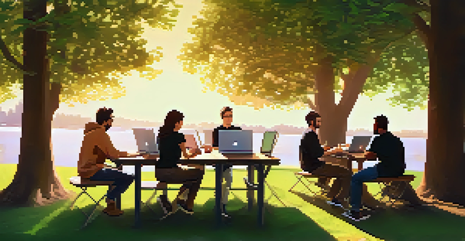 An outdoor tech meetup in a park with groups coding on laptops and discussing ideas amidst trees and sunset light.
