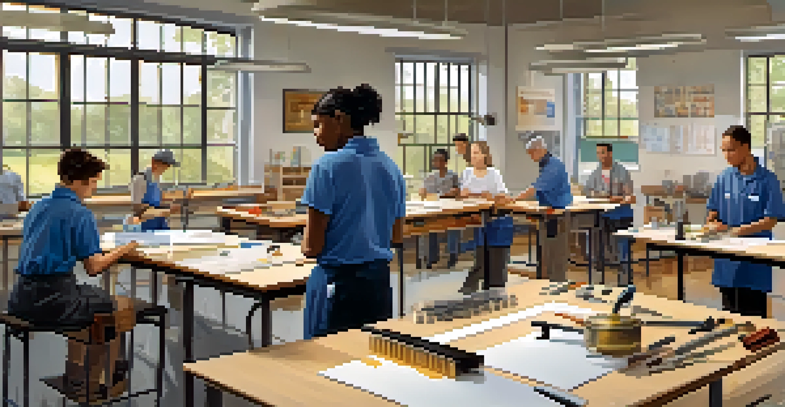 An instructor teaching practical skills in a vocational training classroom with adult students and tools visible.