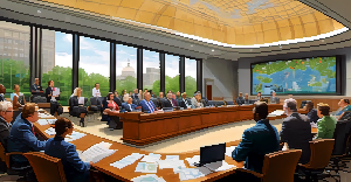 A diverse group of council members in a modern meeting room, engaged in discussion with a city map displayed behind them.
