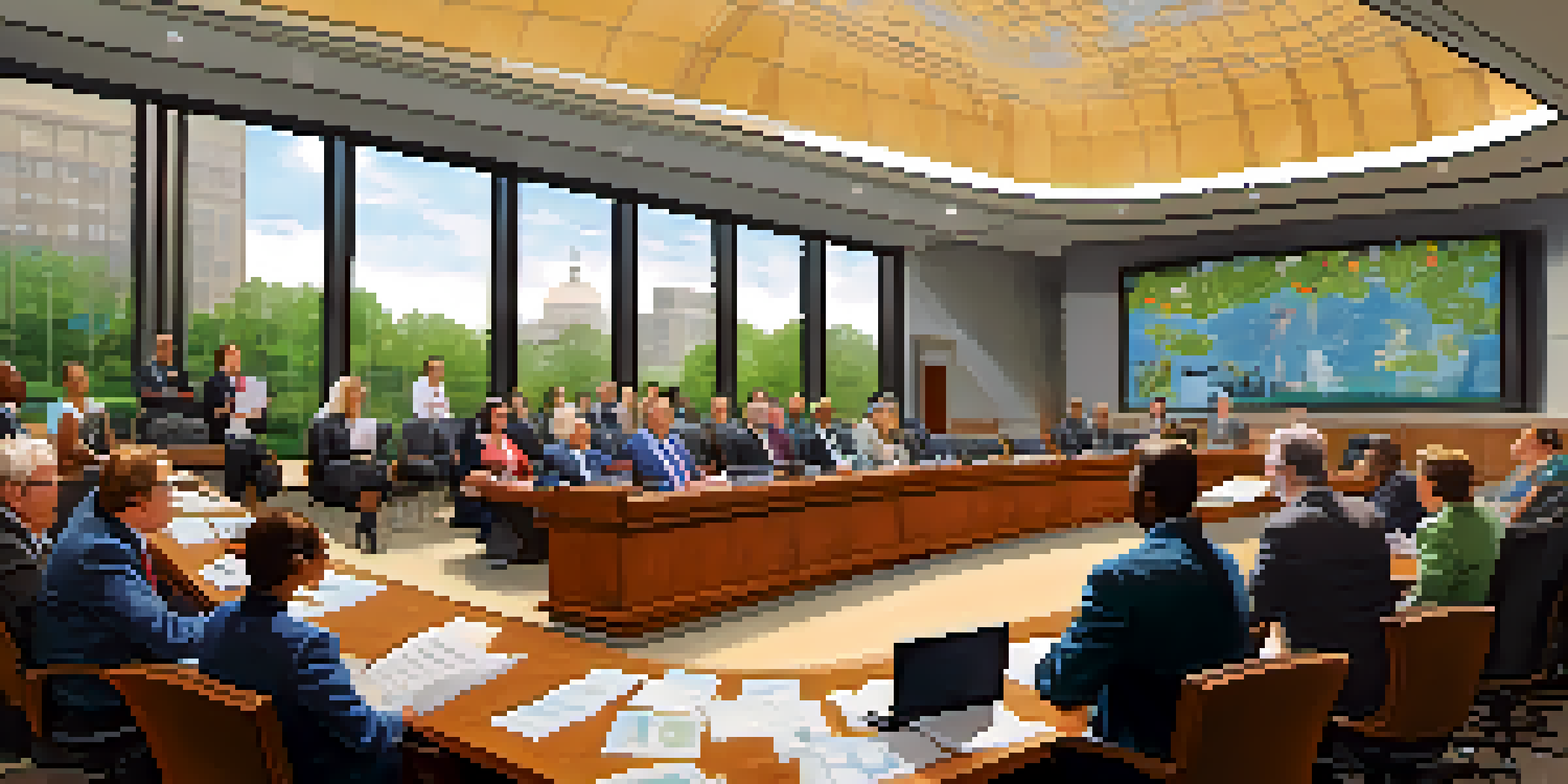 A diverse group of council members in a modern meeting room, engaged in discussion with a city map displayed behind them.
