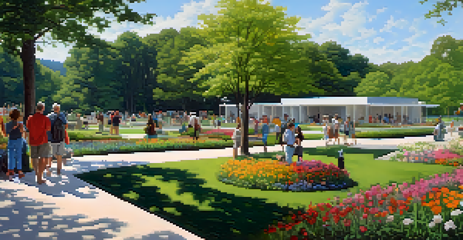 Visitors enjoying an outdoor art exhibition featuring sculptures in a beautifully landscaped park at the North Carolina Museum of Art.