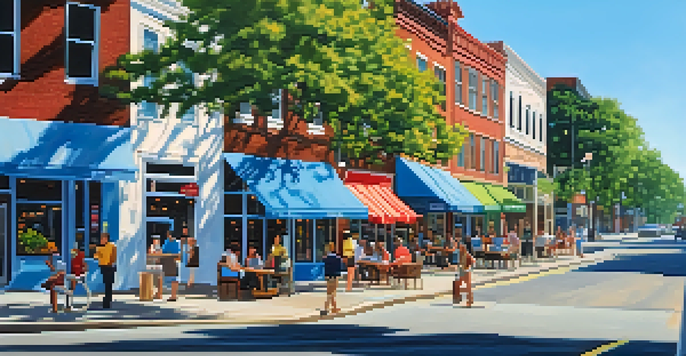 A lively street scene in Raleigh with colorful storefronts and pedestrians enjoying the outdoors.