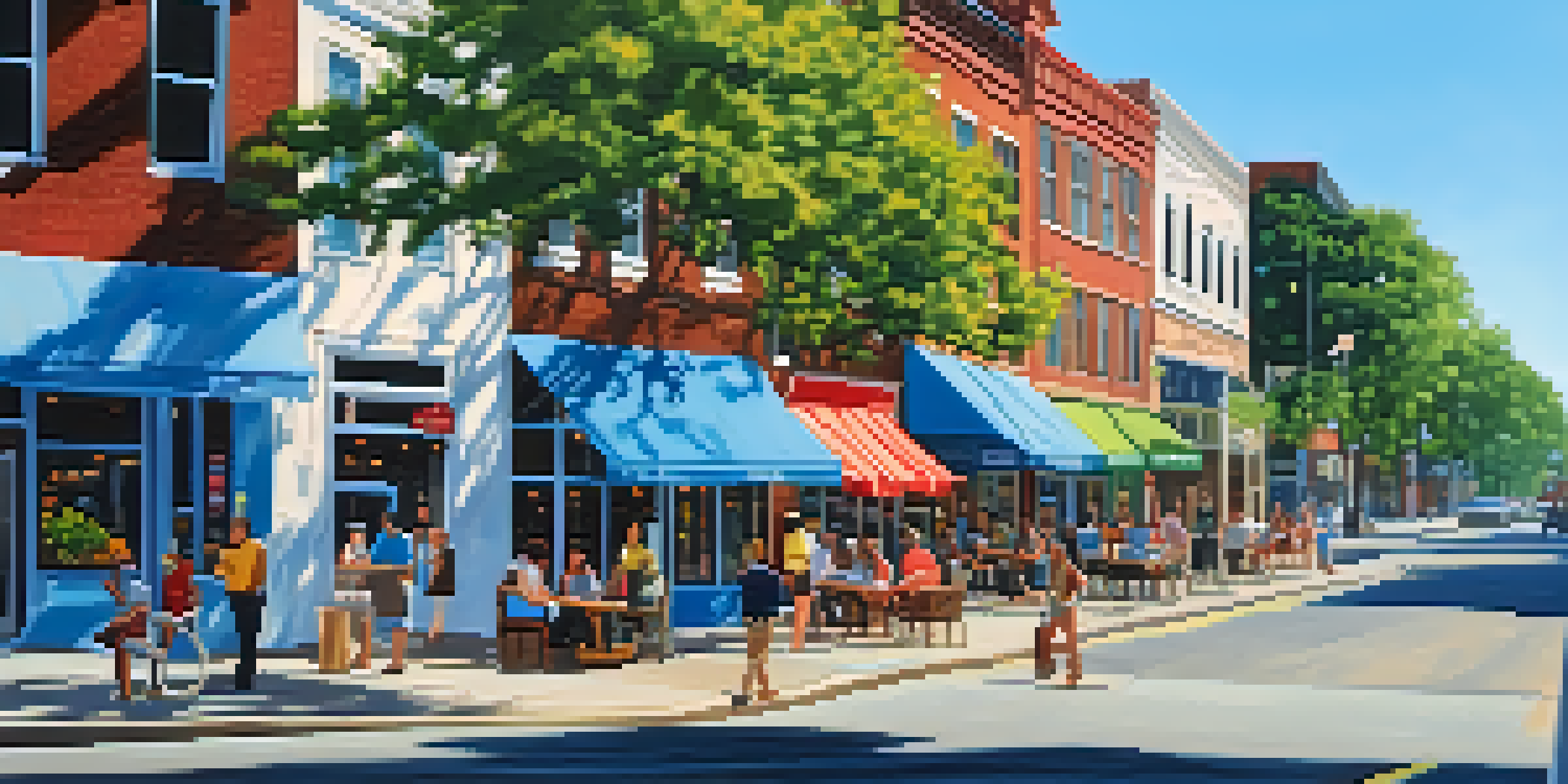 A lively street scene in Raleigh with colorful storefronts and pedestrians enjoying the outdoors.
