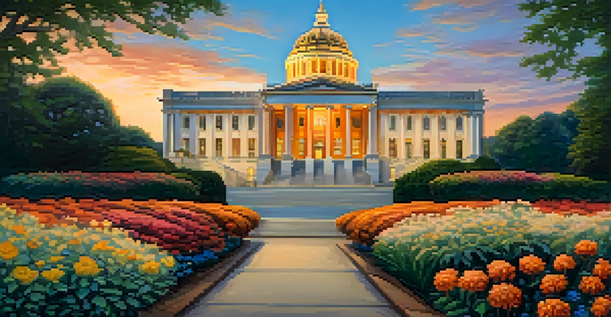 The State Capitol building in Raleigh illuminated at dusk, surrounded by a colorful garden.