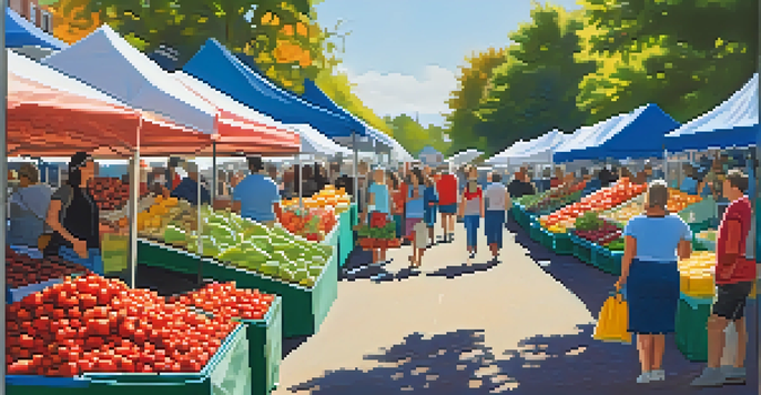 A lively farmers' market in Raleigh with colorful seasonal produce and families interacting with local farmers.