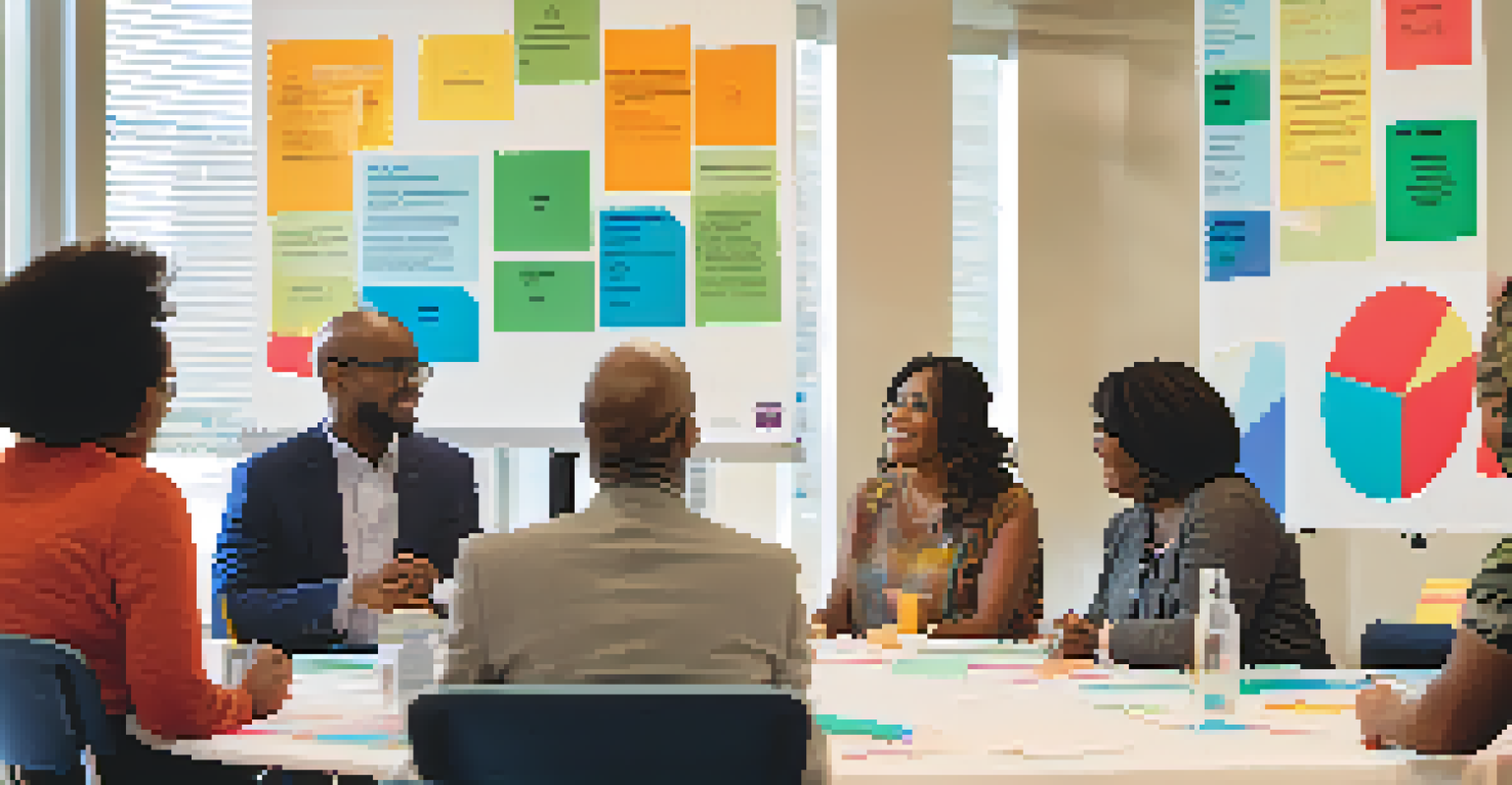 A close-up of a community engagement event with residents discussing local policies around a roundtable with charts and pamphlets.