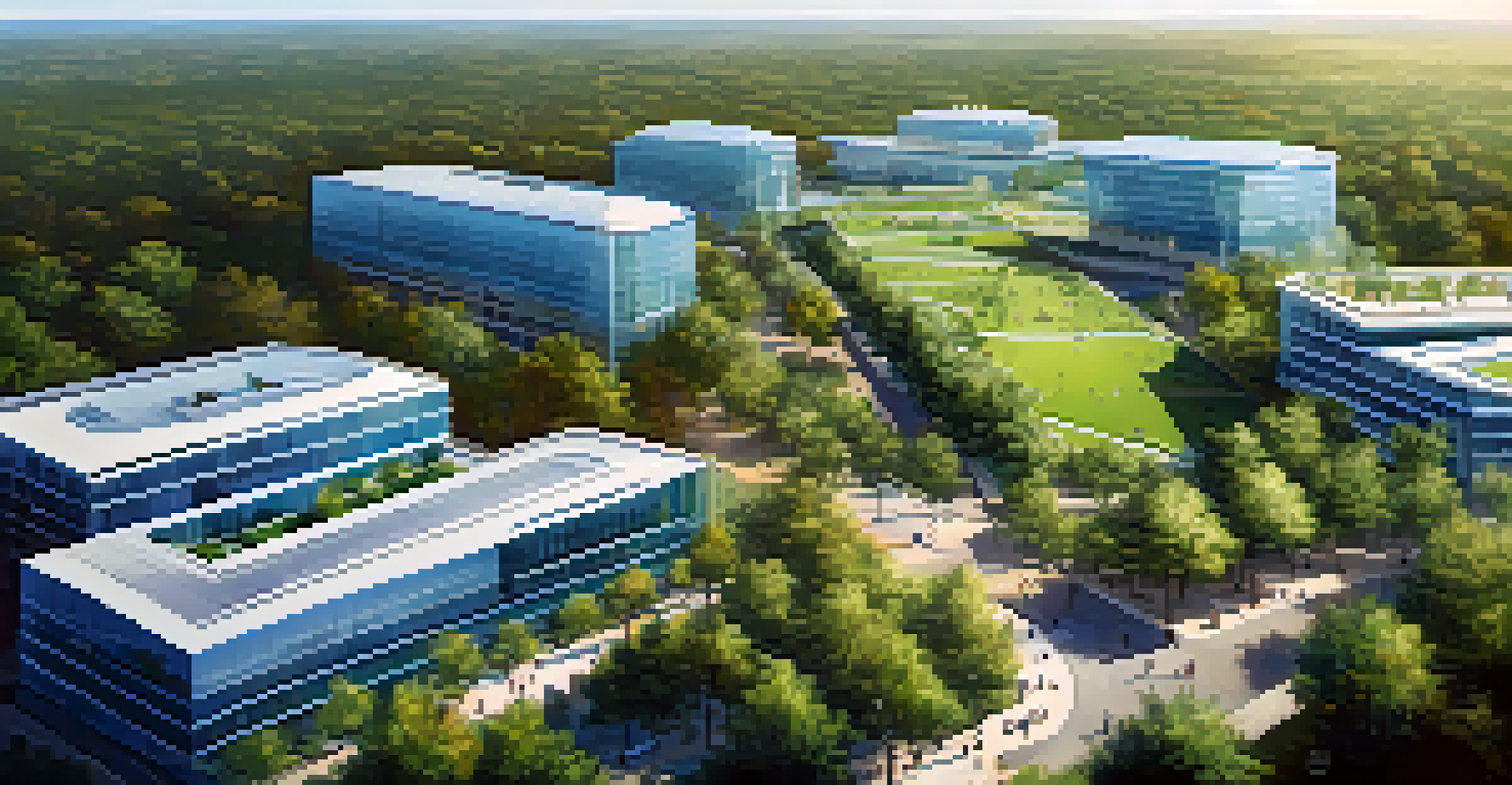 An aerial perspective of Research Triangle Park, showcasing office buildings and green areas filled with people and nature under a clear sky.