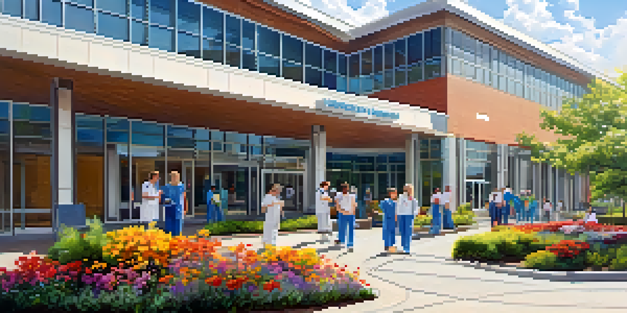 A modern hospital in Raleigh, North Carolina, with glass windows and greenery, depicting people in scrubs and casual attire.