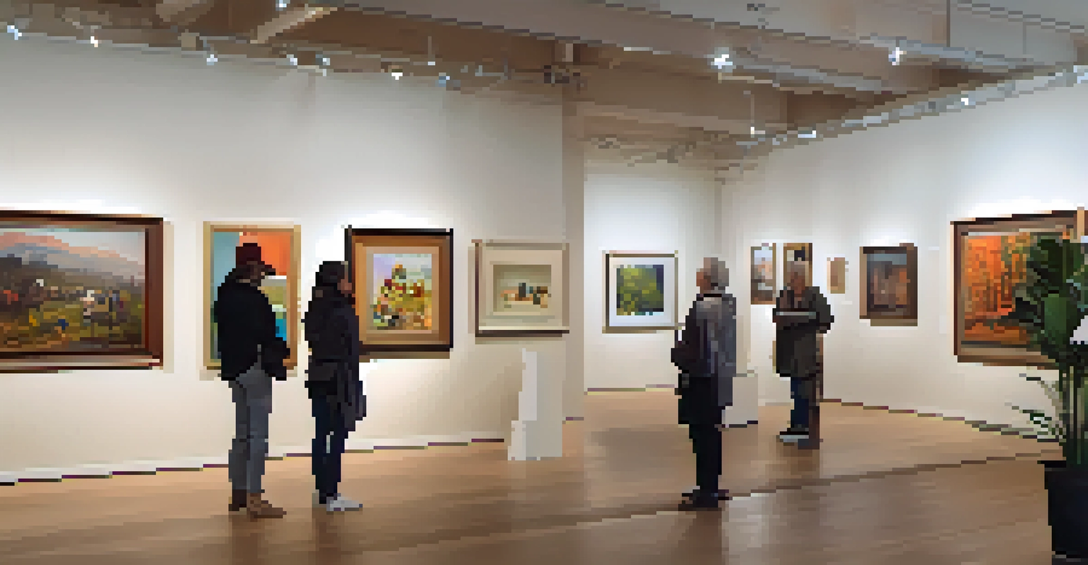 A cozy gallery showcasing local art, with warm lighting and visitors discussing the artwork.