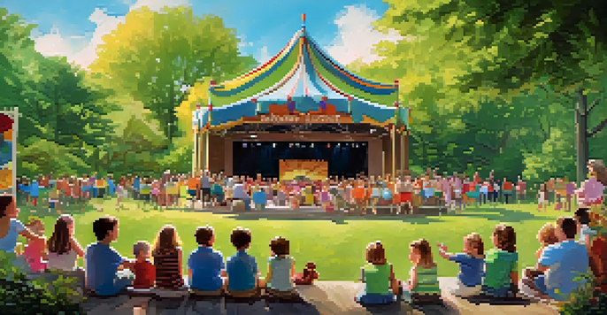 A lively outdoor performance at Pullen Park Theatre, with children enjoying a puppet show surrounded by nature.