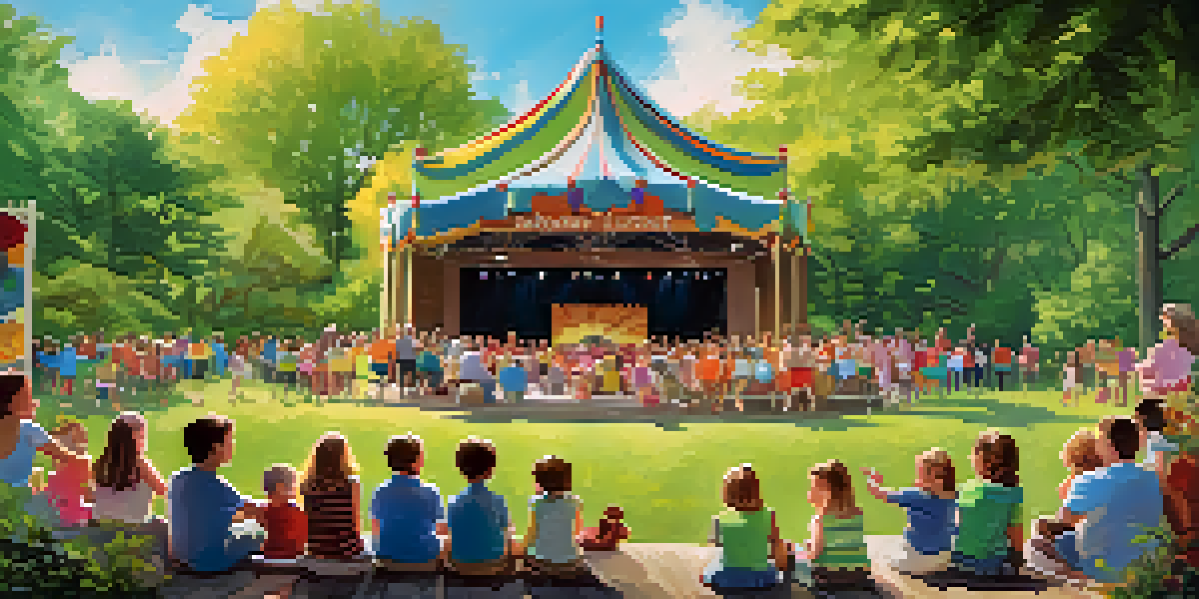 A lively outdoor performance at Pullen Park Theatre, with children enjoying a puppet show surrounded by nature.