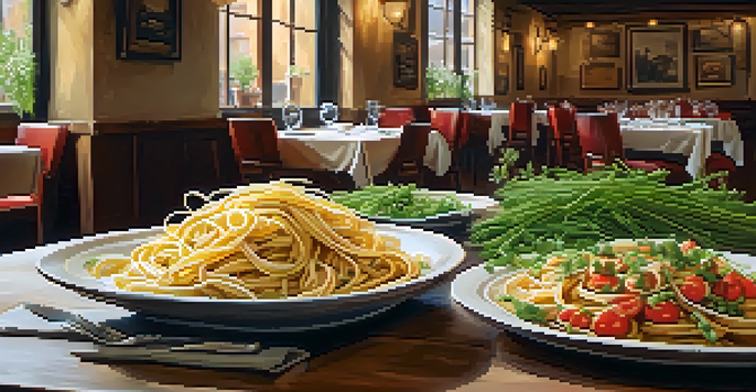 Interior of a cozy Italian restaurant with wooden tables and warm lighting, showcasing plates of homemade pasta.