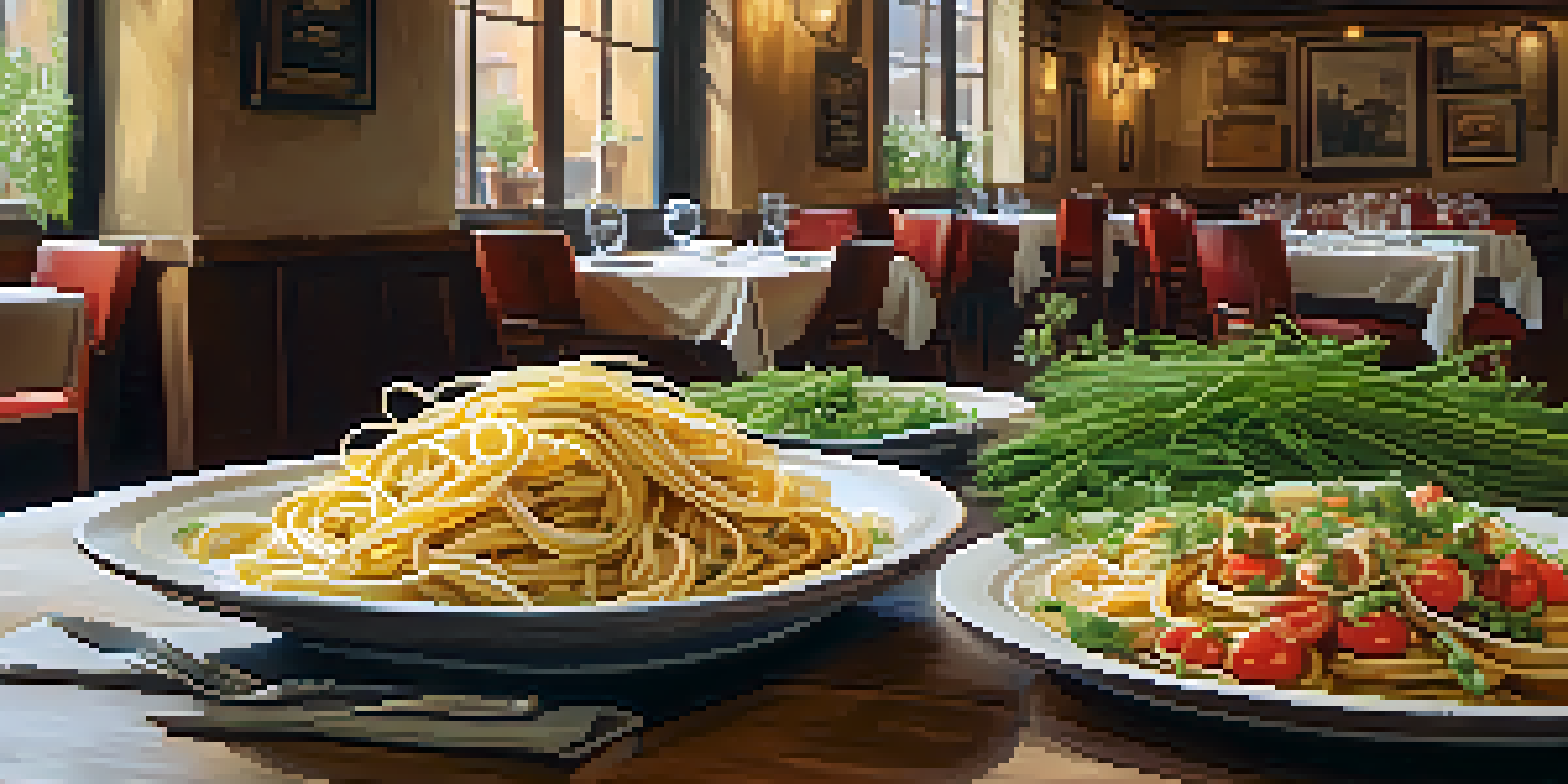 Interior of a cozy Italian restaurant with wooden tables and warm lighting, showcasing plates of homemade pasta.
