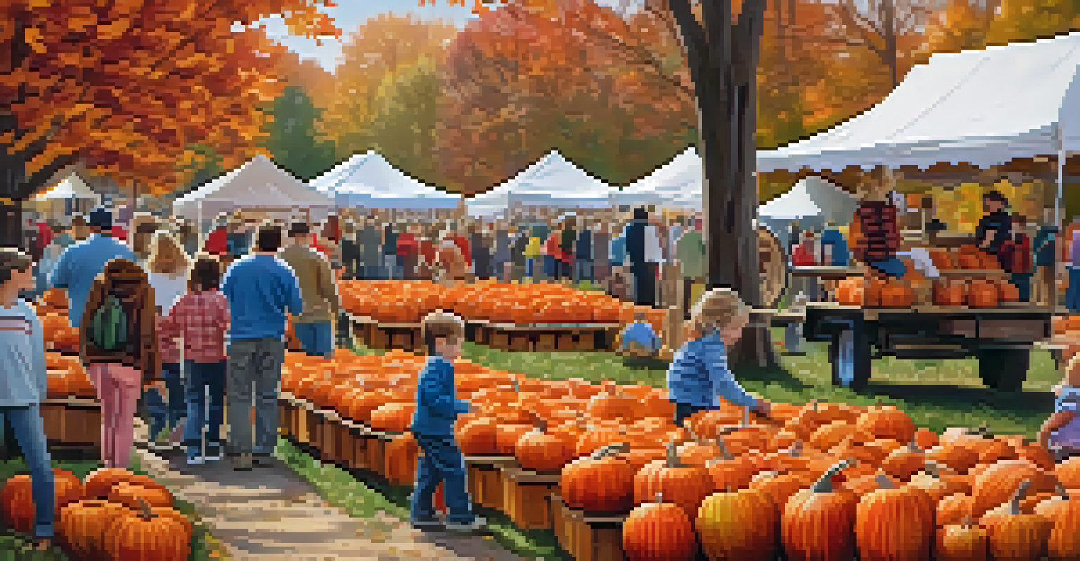 Families enjoying a fall festival in a park, with colorful autumn leaves and activities like pumpkin picking and hayrides.