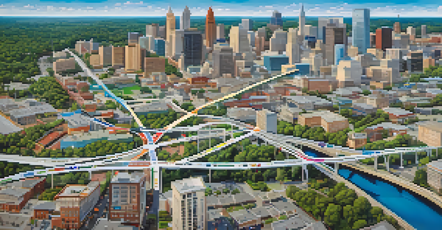 An aerial view of Raleigh's transit network with colorful routes and icons for major destinations against a city skyline.