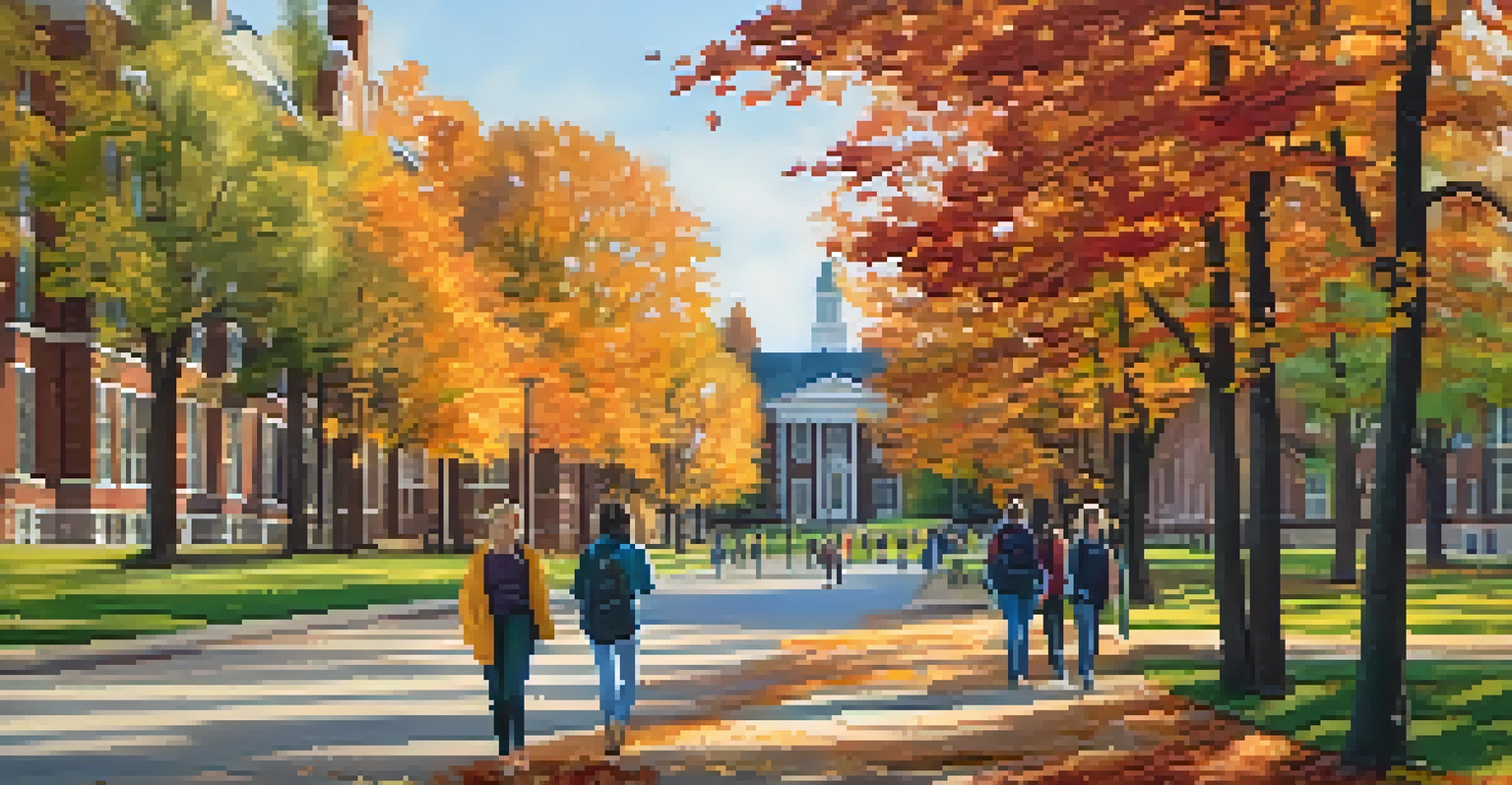 Autumn scene at William Peace University, with colorful leaves and students walking on tree-lined paths near historic buildings.