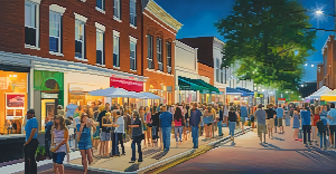 A bustling street in downtown Raleigh filled with people attending the First Friday Art Walk, surrounded by illuminated galleries and colorful murals.