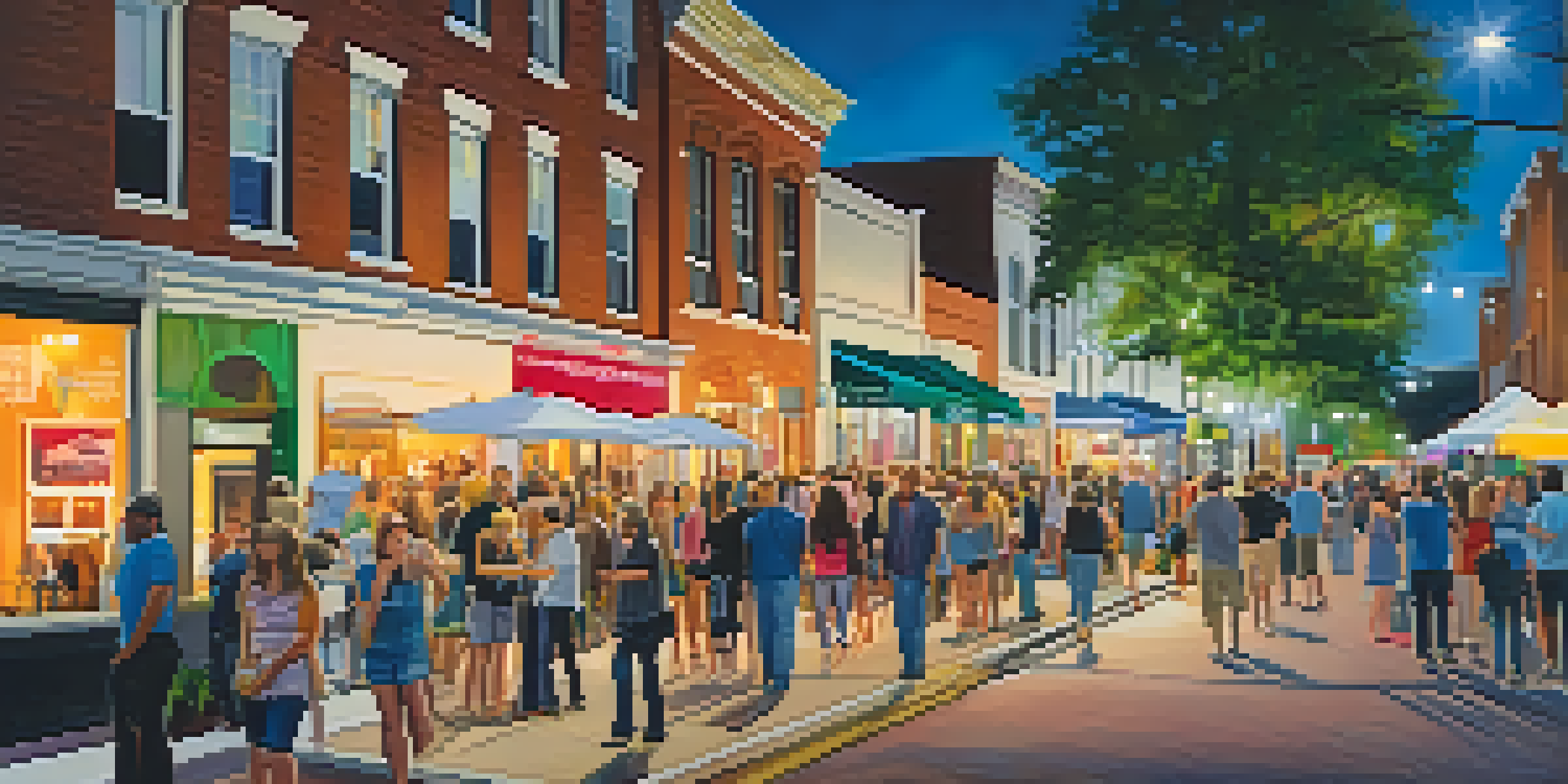 A bustling street in downtown Raleigh filled with people attending the First Friday Art Walk, surrounded by illuminated galleries and colorful murals.
