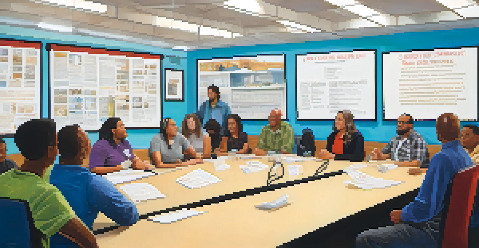A community board meeting in a center, with a speaker discussing public safety while audience members engage with questions.