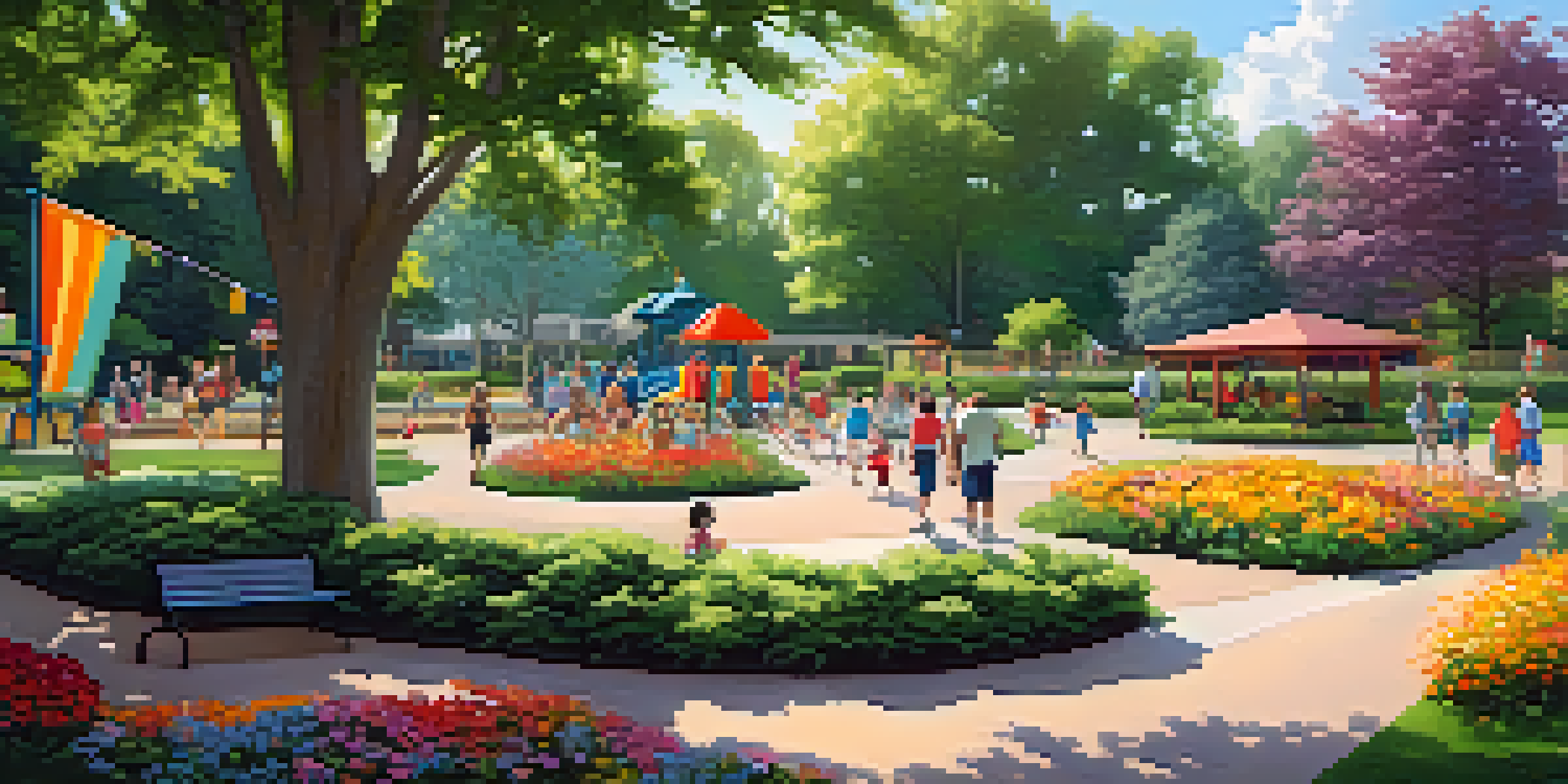 A lively playground in Pullen Park with children playing, surrounded by green trees and colorful flowers, under a bright blue sky.