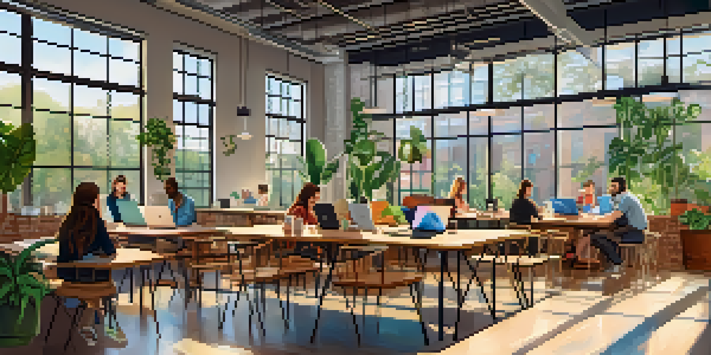 A lively co-working space where diverse people are collaborating, with bright sunlight and modern decor.