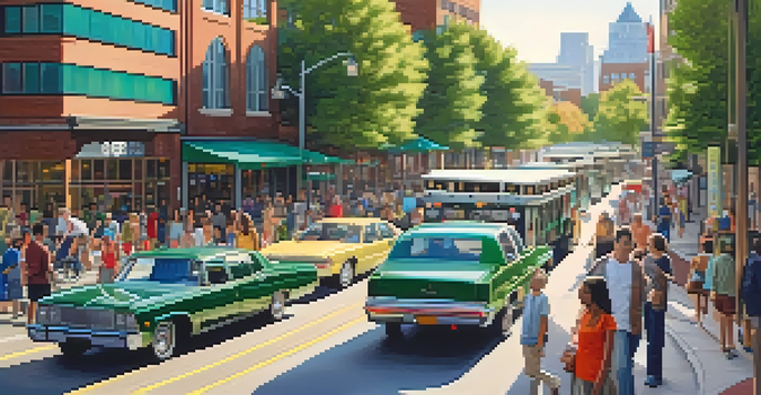 A lively street in Raleigh featuring horse-drawn carriages, electric buses, bicycles, and ride-sharing cars, all under warm afternoon sunlight.