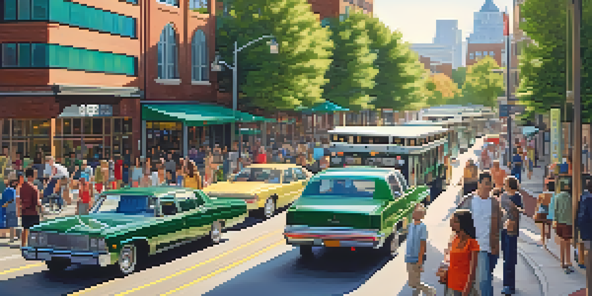 A lively street in Raleigh featuring horse-drawn carriages, electric buses, bicycles, and ride-sharing cars, all under warm afternoon sunlight.