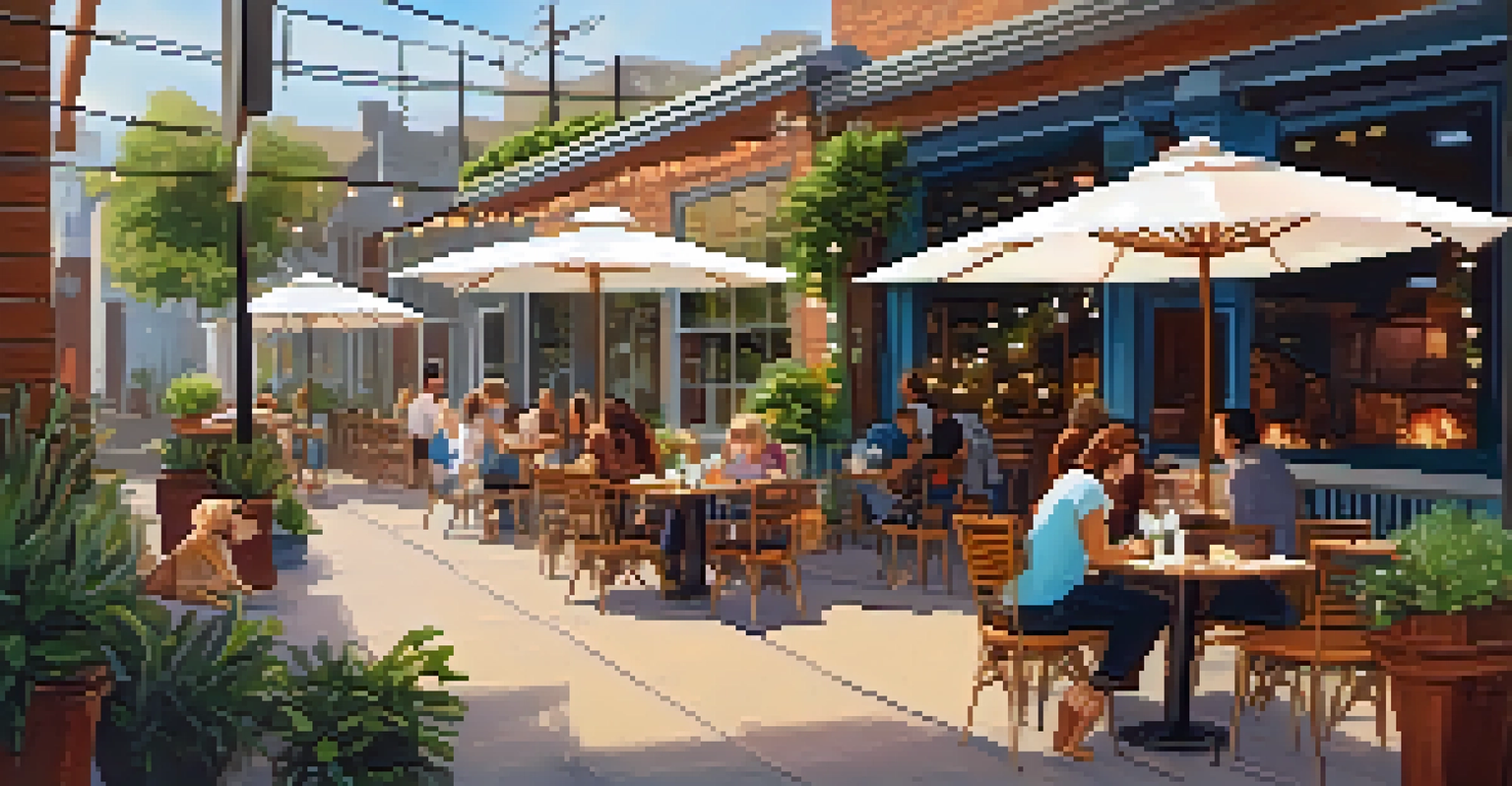 An outdoor patio of a pet-friendly restaurant with customers enjoying meals and their dogs relaxing beside them, decorated with plants and string lights.