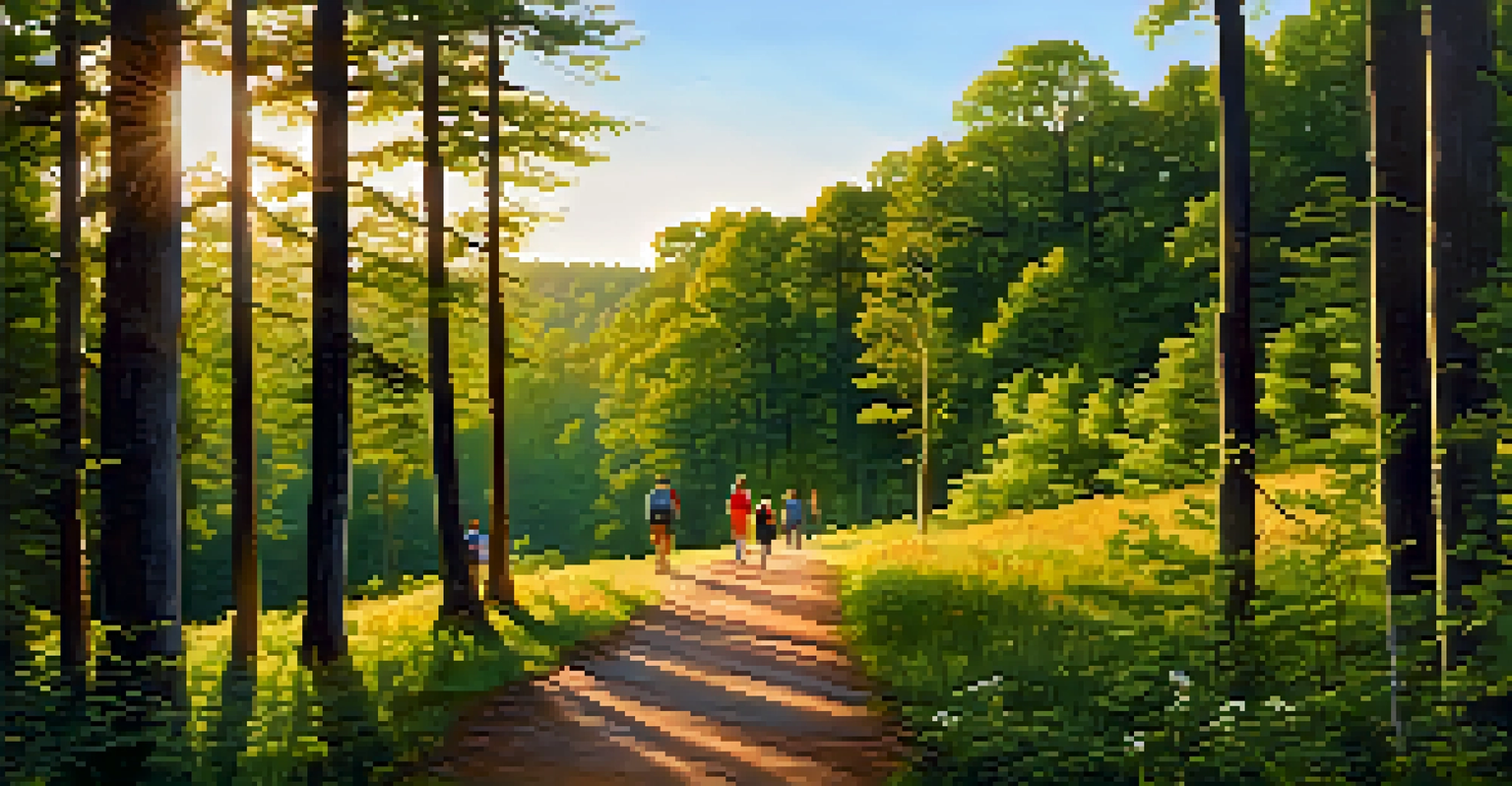 Families hiking in William B. Umstead State Park during sunset.