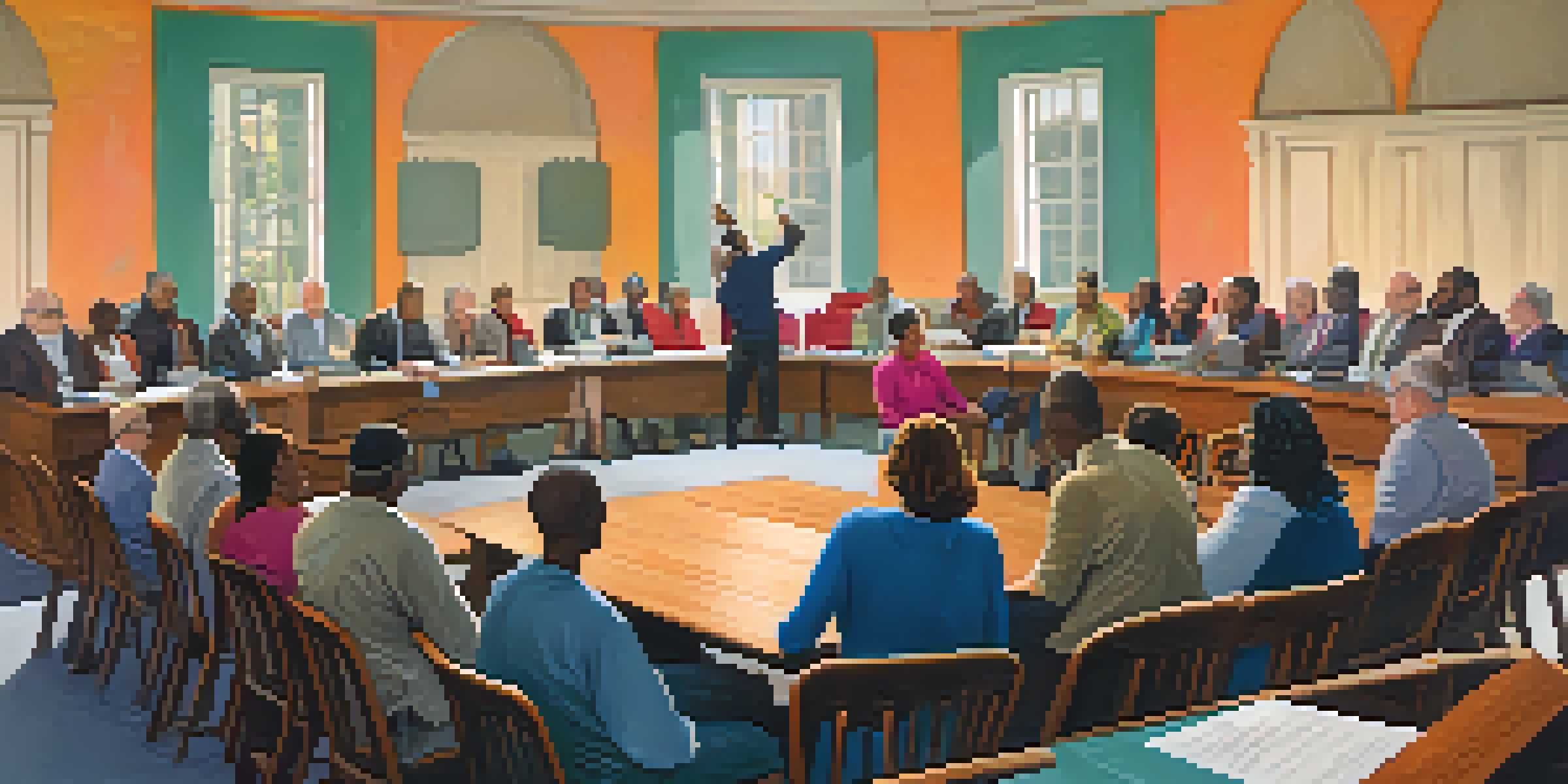 A lively town hall meeting with diverse residents engaged in discussion, a city leader speaking at the front, and colorful banners in the background.