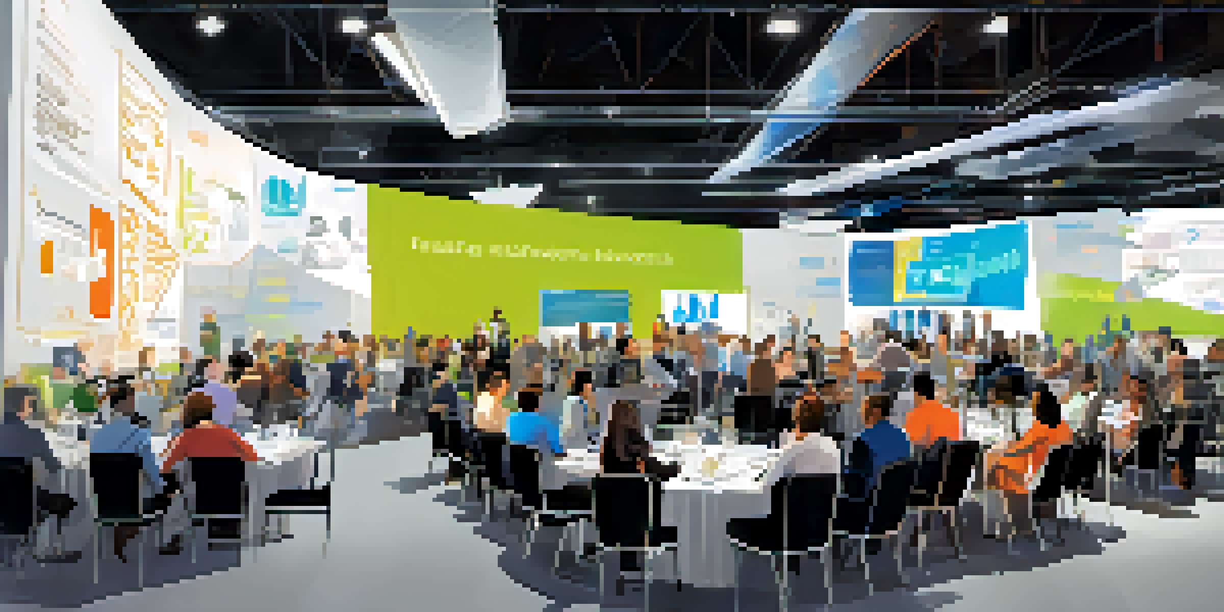 A lively tech conference in Raleigh with diverse attendees networking and discussing in a modern hall filled with tech banners.