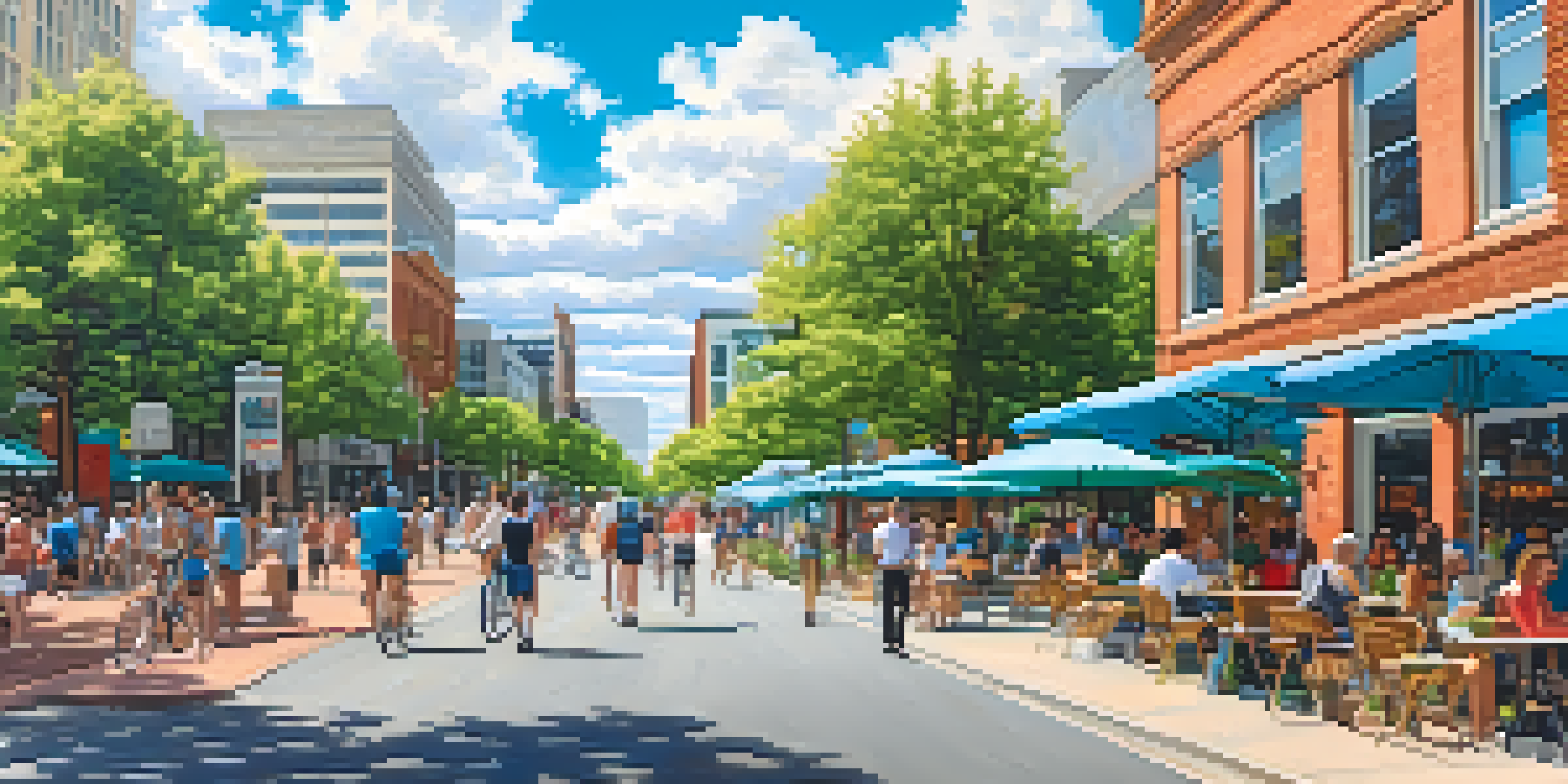 A lively city street in Raleigh, North Carolina with pedestrians, cyclists, and outdoor cafes under a clear blue sky.