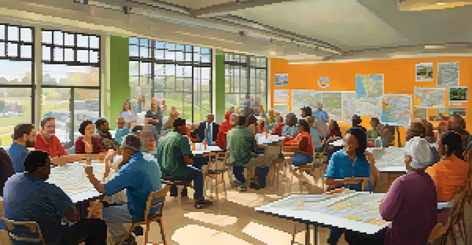 Community meeting in Raleigh with residents discussing road planning, surrounded by maps and posters, showcasing a diverse group of people in a well-lit room.