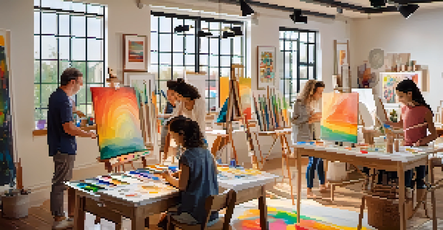 A family painting together in a cozy art studio, surrounded by creative supplies and colorful artwork.