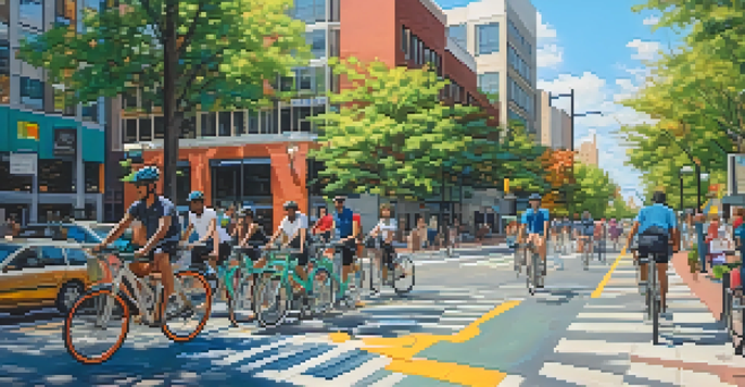 A bustling bike lane in Raleigh with cyclists of various backgrounds, colorful buildings, and a bike-sharing station.