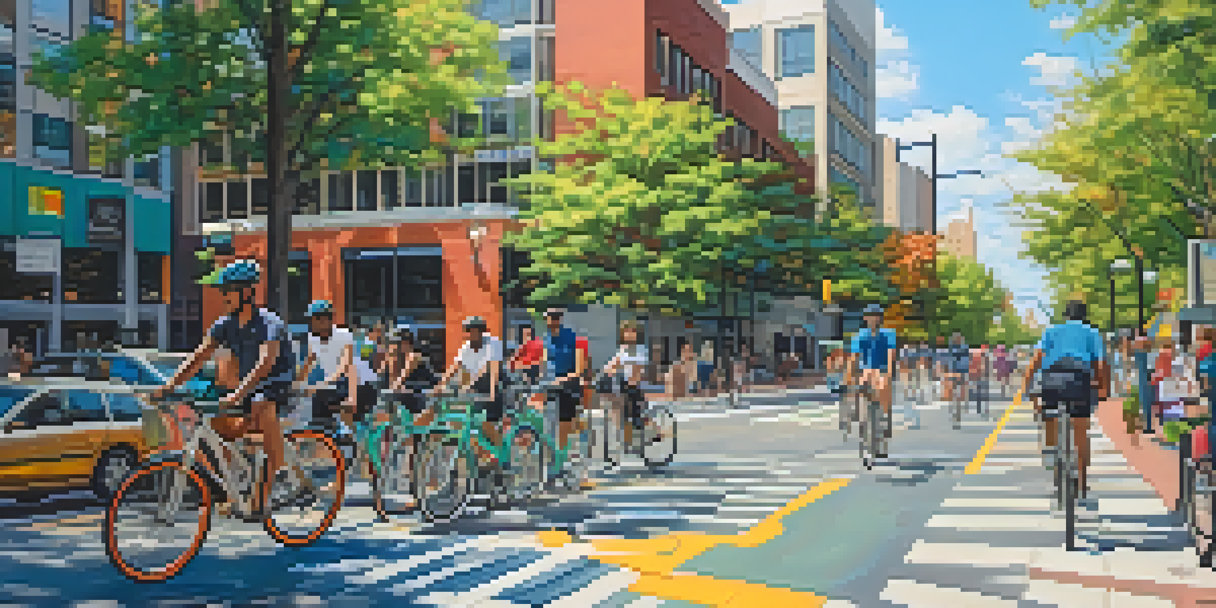 A bustling bike lane in Raleigh with cyclists of various backgrounds, colorful buildings, and a bike-sharing station.