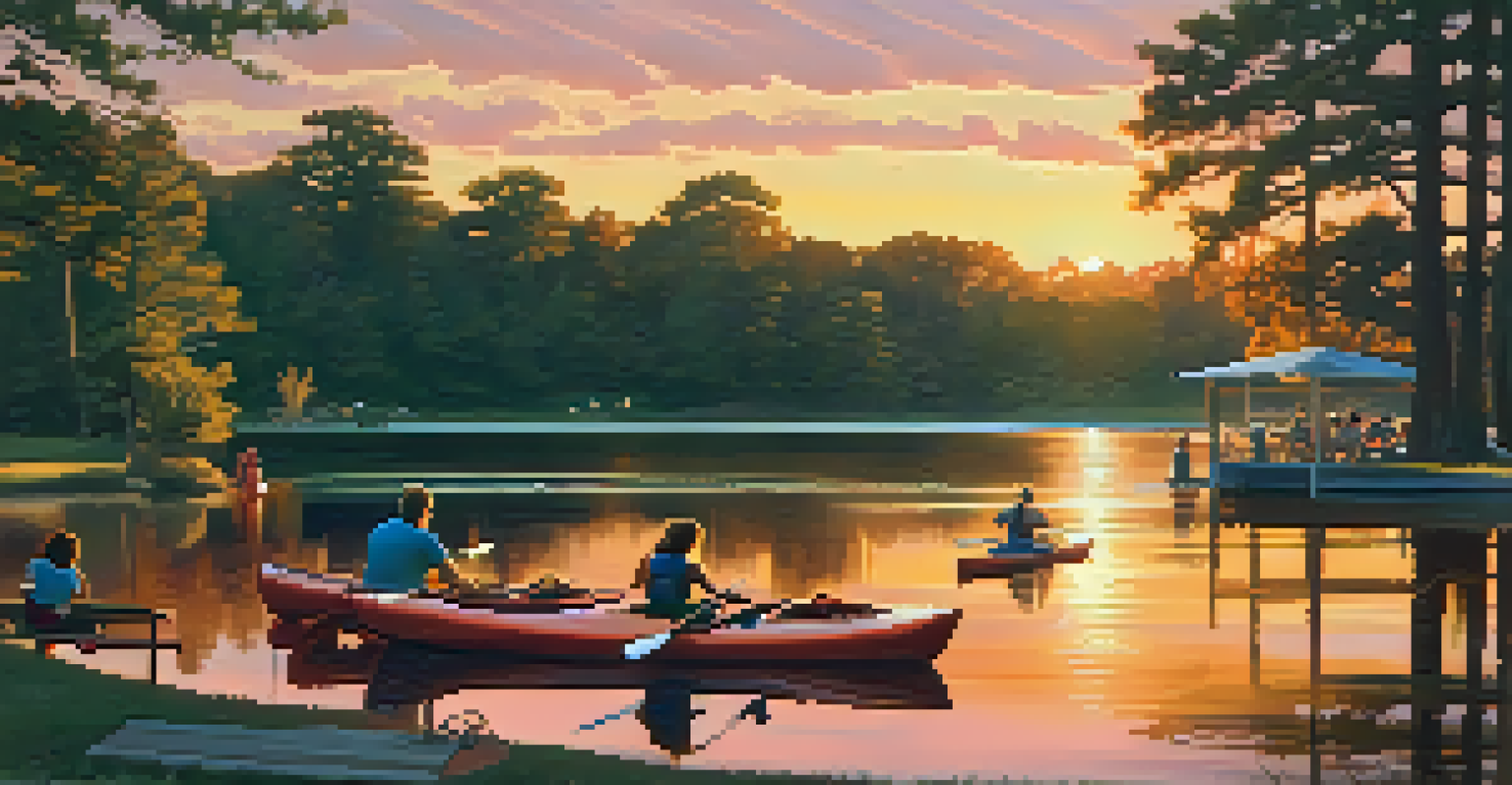 A family kayaking on a lake at sunset, with a picnic area nearby under a colorful sky.
