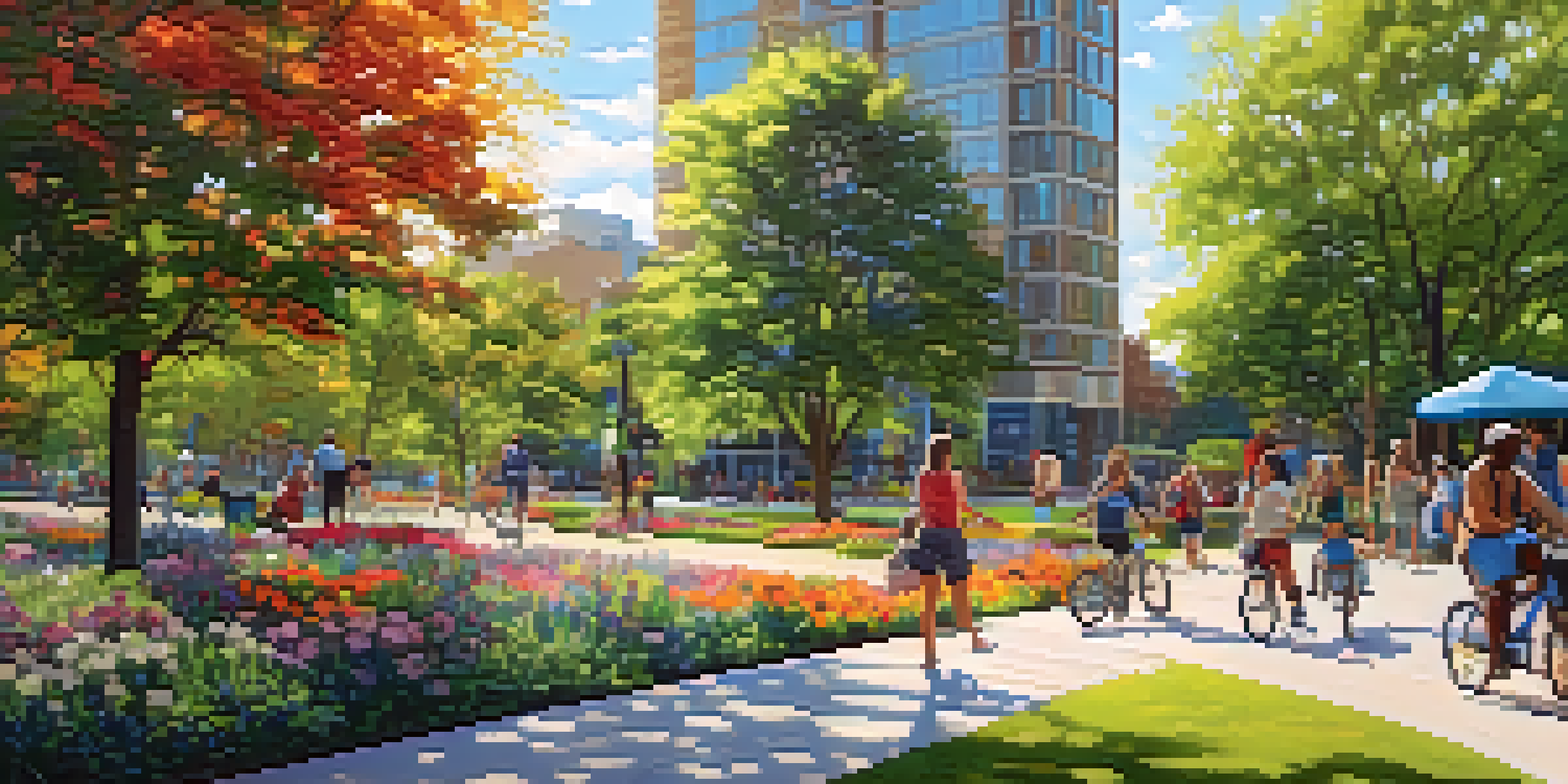 A lively city park in Raleigh with people walking and biking, surrounded by greenery and flowers under bright sunlight.