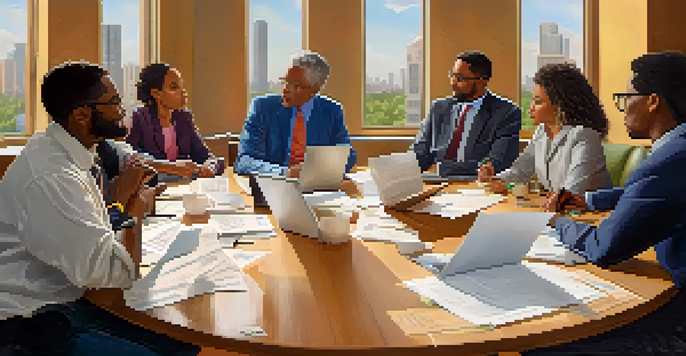 A diverse group of community board members discussing around a round table in a bright meeting room with papers and coffee cups.
